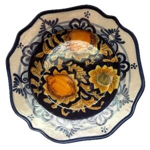 I. Godinger & Co Italian VTG Cobalt Yellow Flower Hand Painted 7"Dessert Plate